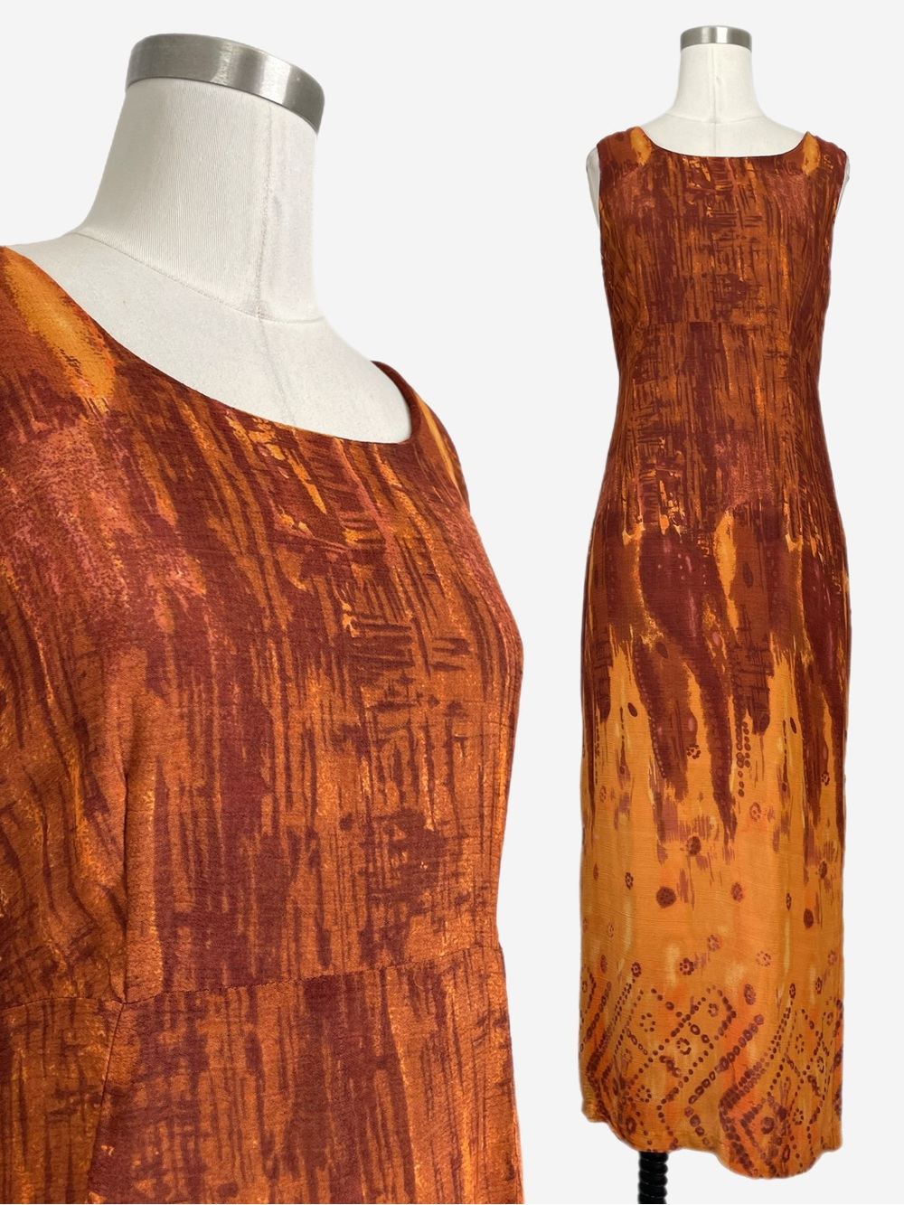 Vintage Y2K Megan Lee Orange brown batik tie dye midi column dress boho hippie S